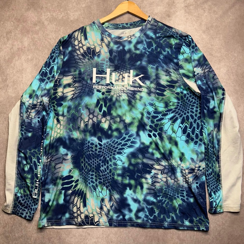 Huk Mens XL Kryptek Pontus Camo Long Sleeve Performance Fishing Shirt Blue Green